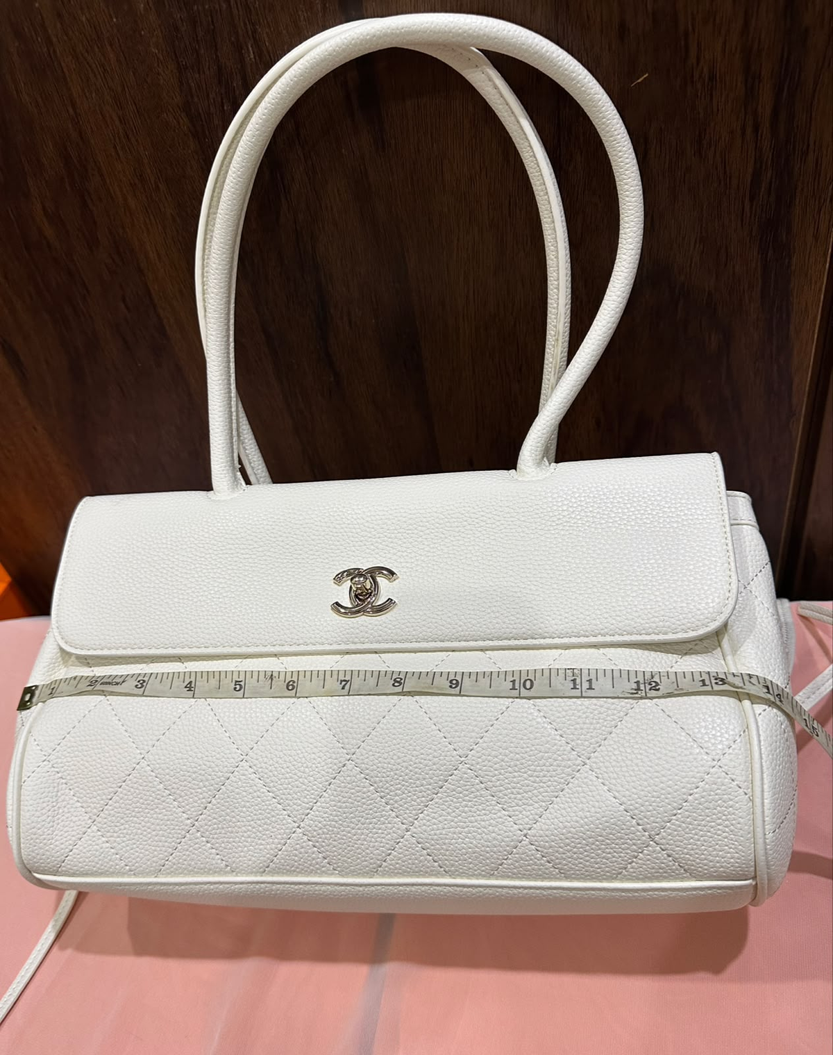 CC Quilted Shoulder Bag - Tan with shopping bag