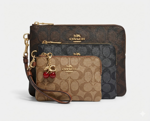 Fioure Monogram Canvas Wristlet Trio Set — Corner Zip with Charms