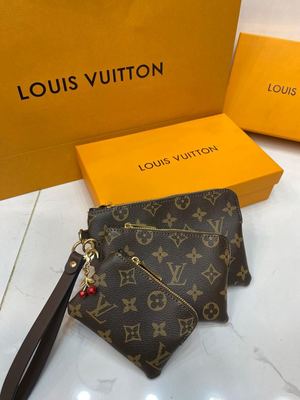 Fioure Monogram Canvas Wristlet Trio Set — Gold Zip with Charm Detail