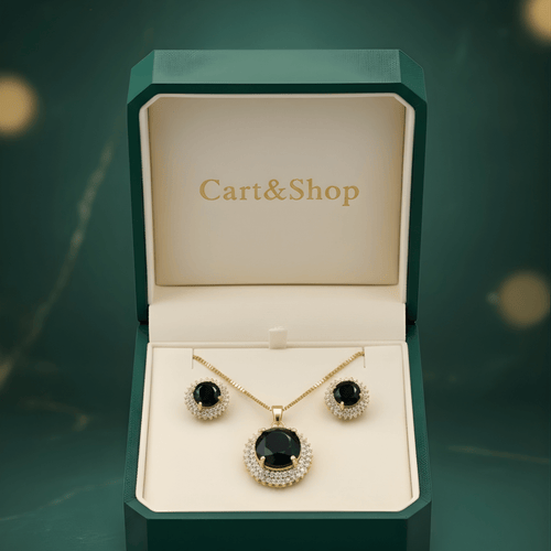 Fioure Noir Radiance Suite — Black Onyx & Diamond Halo Pendant & Matching Earrings