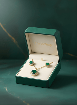 Fioure Verdant Muse Set — Emerald-Cut Forest Green Crystal Halo Pendant & Earrings