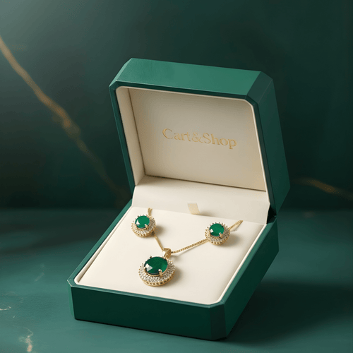 Fioure Verdant Muse Set — Emerald-Cut Forest Green Crystal Halo Pendant & Earrings