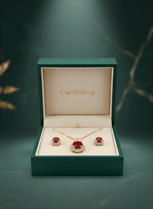 Fioure Crimson Empress Set — Ruby-Red Centre Stone with Gold Halo Pendant & Earrings