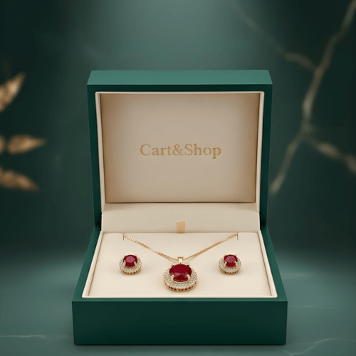 Fioure Crimson Empress Set — Ruby-Red Centre Stone with Gold Halo Pendant & Earrings