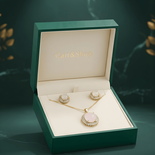 Fioure Blush Serenity Set — Rose Quartz & Gold Pavé Halo Pendant & Earrings for Bridal Wear