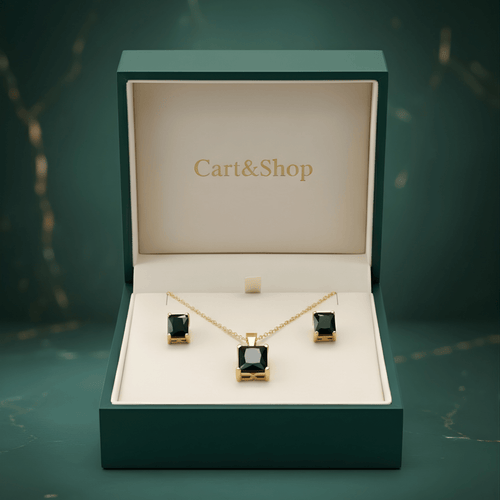Fioure Sovereign Square Set — Emerald-Cut Black Onyx in Four-Prong Gold Minimalist Pendant & Earrings
