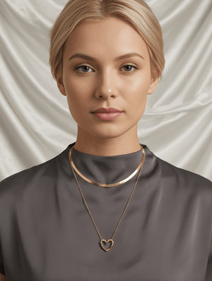 Fioure Serene Layering Suite — Herringbone Chain & Heart Pendant Duo in Gold Finish