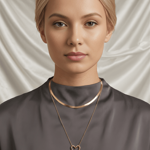 Fioure Serene Layering Suite — Herringbone Chain & Heart Pendant Duo in Gold Finish