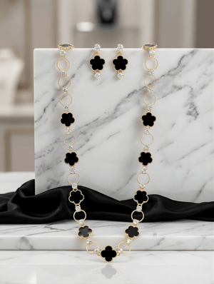 Fioure Midnight Bloom Longline Suite — Diamond-Accent Onyx & Gold Pendant with Matching Earrings