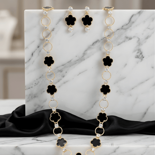 Fioure Midnight Bloom Longline Suite — Diamond-Accent Onyx & Gold Pendant with Matching Earrings