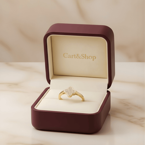 Fioure Signature Clover Ring — Four-Leaf Pavé Diamond Motif on 18K Gold-Plated Band