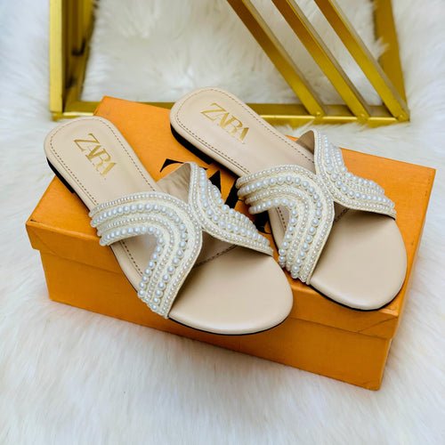 Fioure Pearl Flat Slippers () — Pearl Detail in White