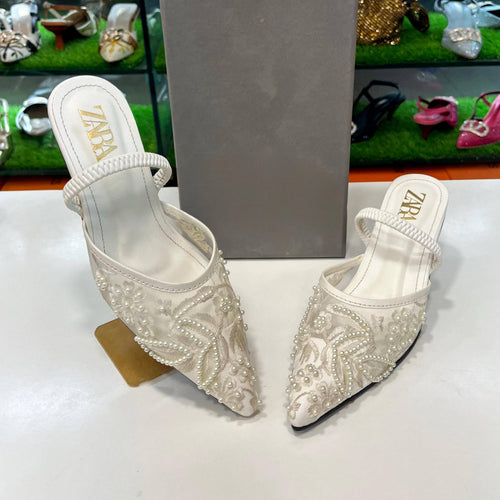 Fioure Maison Embroidered Net Heels — Embroidered & Pointed Toe in White