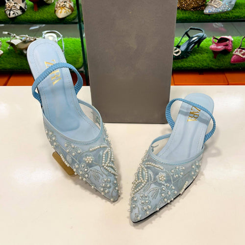 Fioure Maison Embroidered Net Heels — Embroidered & Pointed Toe in Blue