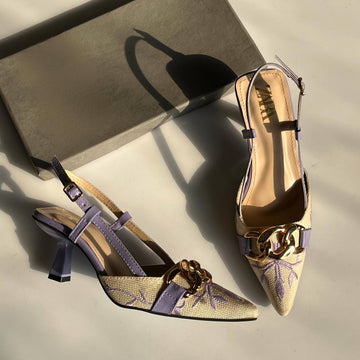 Fioure Floral Embroidered Heel — Embroidered & Pointed Toe in Purple