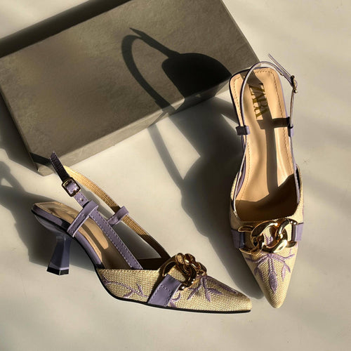 Fioure Floral Embroidered Heel — Embroidered & Pointed Toe in Purple