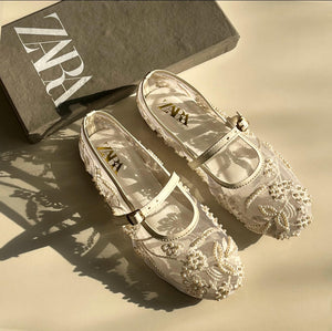 Fioure Pearl Net Shoes () — Pearl Detail & Embroidered in White