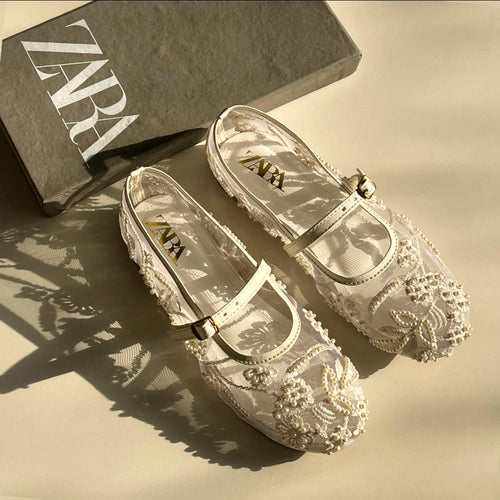 Fioure Pearl Net Shoes () — Pearl Detail & Embroidered in White