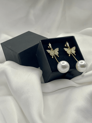 Fioure Pearl Butterfly Drop Earrings — Crystal-Studded Butterfly Tops with Oversized Pearl Drop