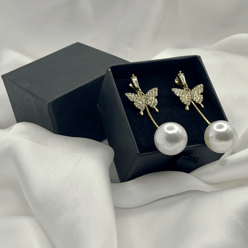 Fioure Pearl Butterfly Drop Earrings — Crystal-Studded Butterfly Tops with Oversized Pearl Drop