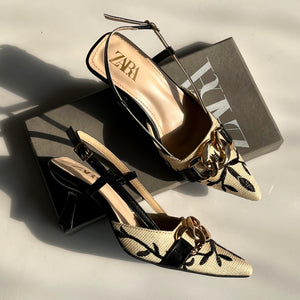 Fioure Floral Embroidered Heel — Embroidered & Pointed Toe in Black