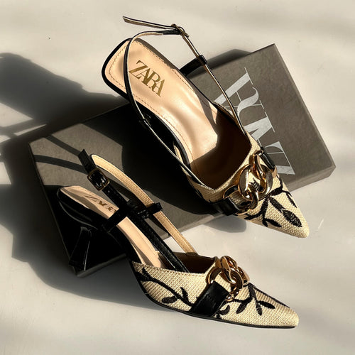 Fioure Floral Embroidered Heel — Embroidered & Pointed Toe in Black