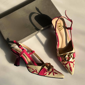 Fioure Floral Embroidered Heel — Embroidered & Pointed Toe in Pink