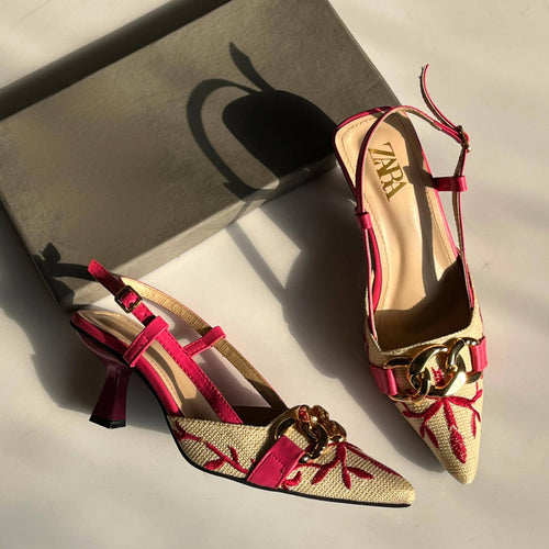 Fioure Floral Embroidered Heel — Embroidered & Pointed Toe in Pink
