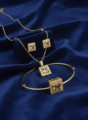 Fioure Royal Square Crystal Jewelry Set — Gold-Plated Square-Cut Pendant, Bracelet & Earrings