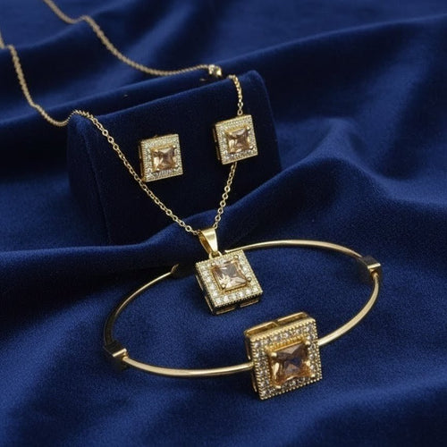 Fioure Royal Square Crystal Jewelry Set — Gold-Plated Square-Cut Pendant, Bracelet & Earrings