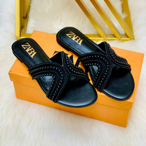 Fioure Pearl Flat Slippers () — Pearl Detail in Black