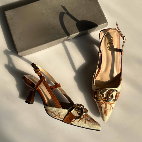 Fioure Floral Embroidered Heel — Embroidered & Pointed Toe in Mustard