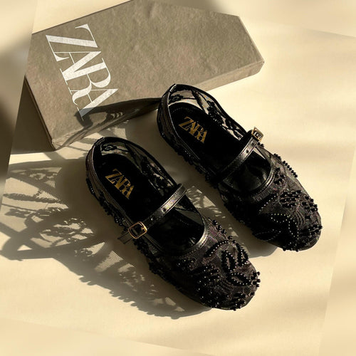 Fioure Pearl Net Shoes () — Pearl Detail & Embroidered in Black