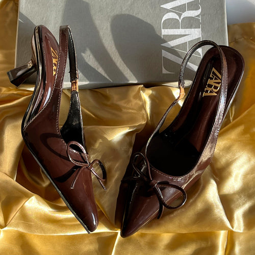 Fioure Patent Bow Slingback Heels () — Patent Leather & Bow Detail in Brown
